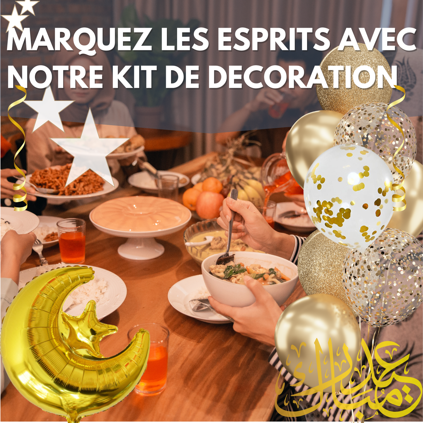 Kit Décoration Ramadan & Eid Mubarak – 34 Éléments | Or ou Argent | Décoration Complète Fête Aïd
