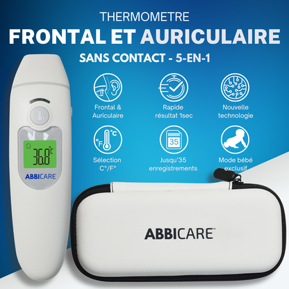 Thermomètre médical sans contact ABBICARE™ – Frontal & Auriculaire – Résultat en 1 sec – Bébé, Enfant & Adulte
