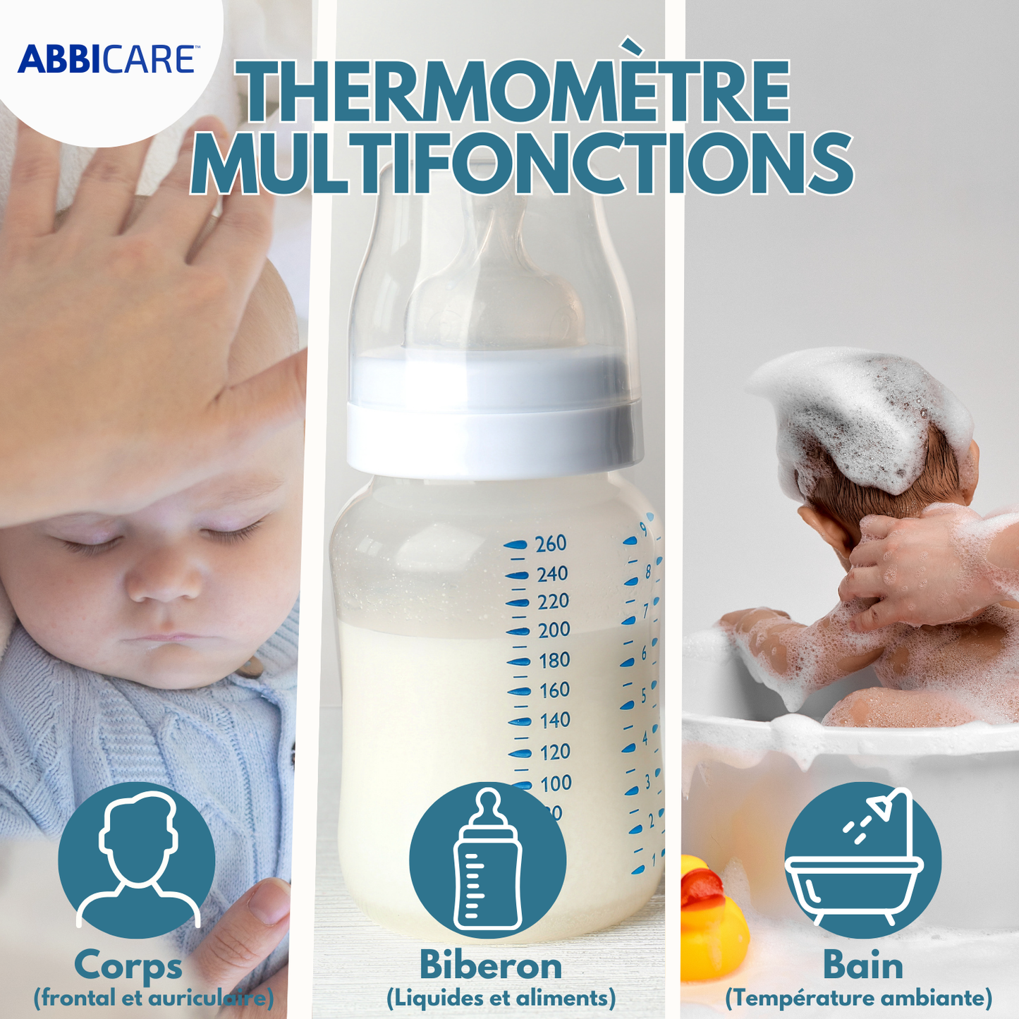 Thermomètre médical sans contact ABBICARE™ – Frontal & Auriculaire – Résultat en 1 sec – Bébé, Enfant & Adulte