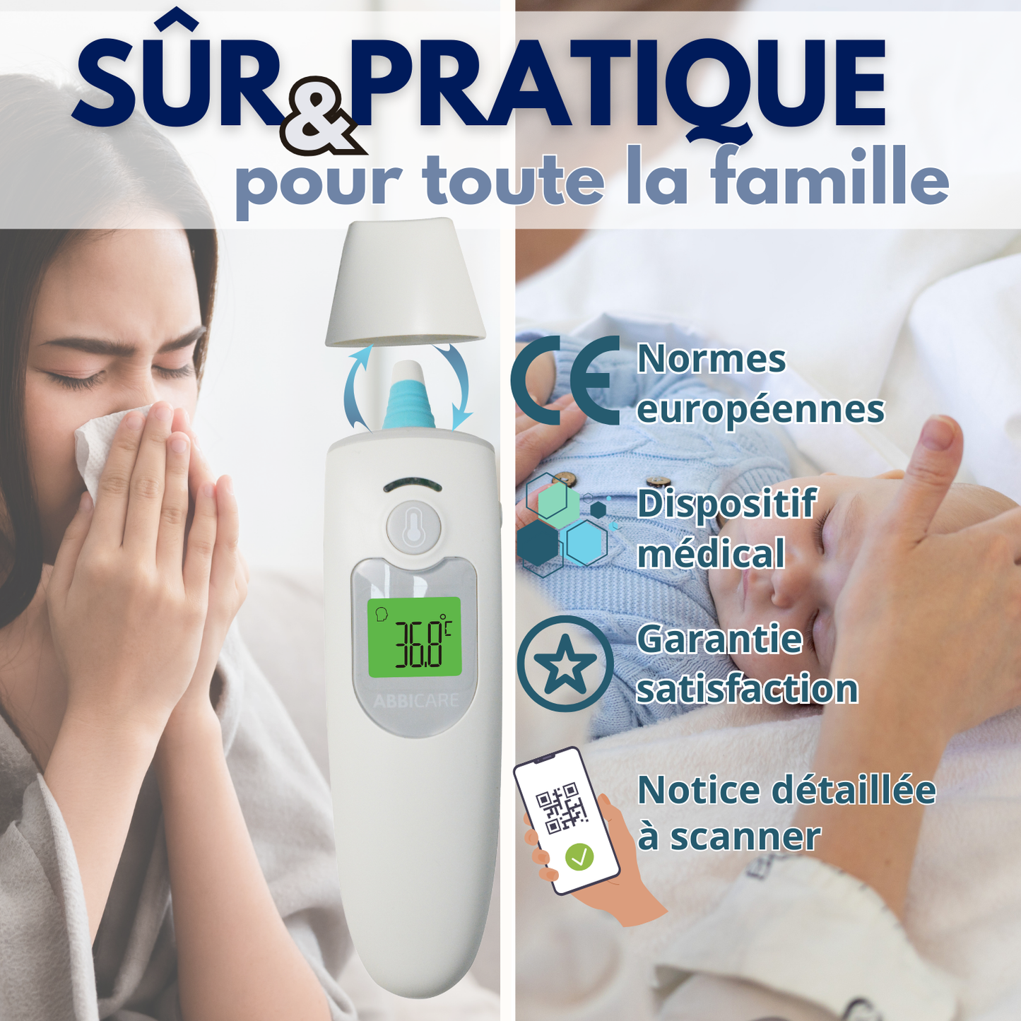 Thermomètre médical sans contact ABBICARE™ – Frontal & Auriculaire – Résultat en 1 sec – Bébé, Enfant & Adulte