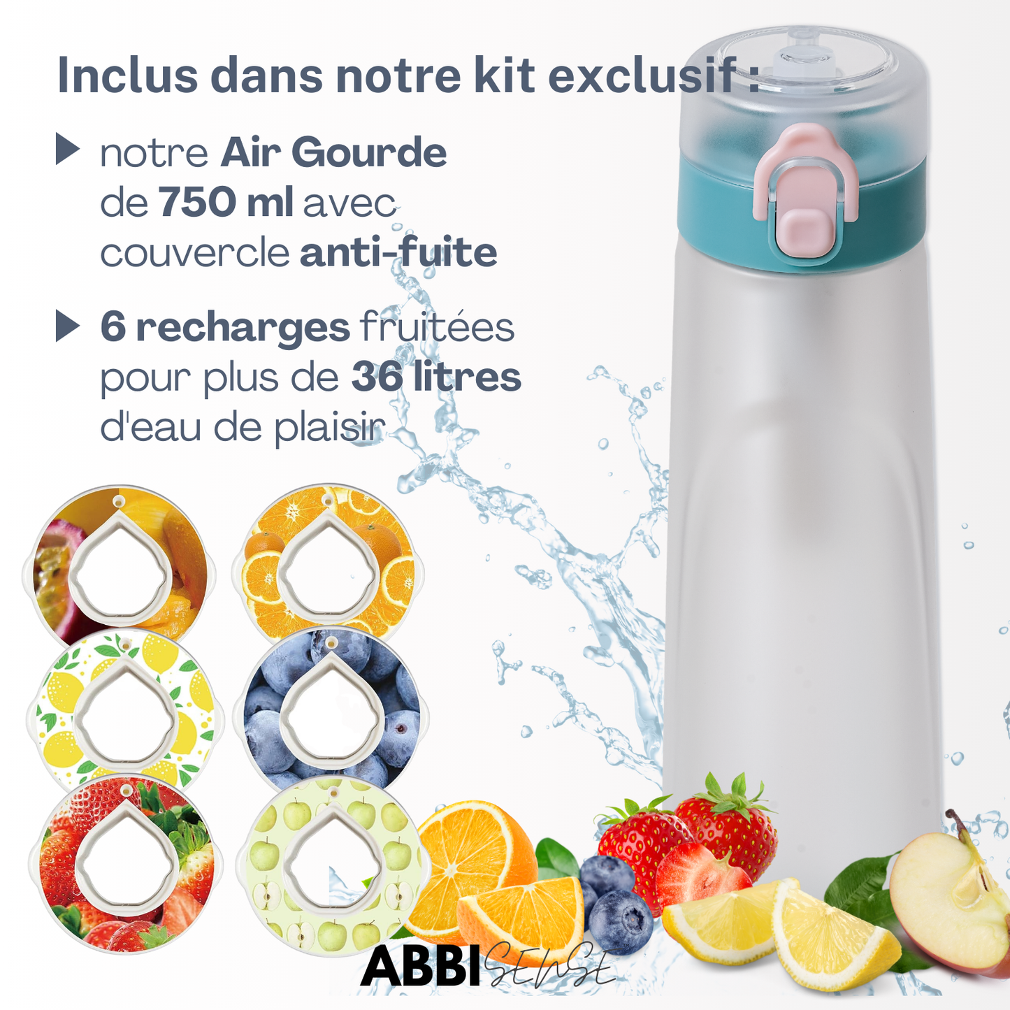 Gourde ABBISENSE AIR 750ml – Bouteille Tritan sans BPA + 6 dosettes saveur fruitée – Eau sans sucre