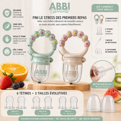 Kit complet 2 grignoteuses bébé sans BPA + 6 tetines [3 tailles] + brosse nettoyage