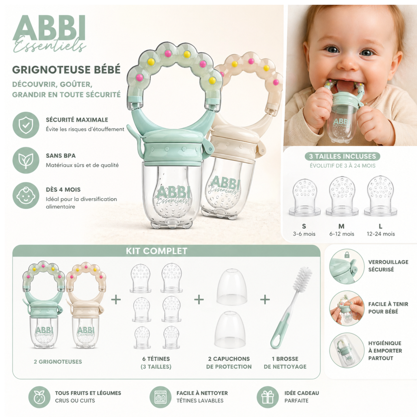 Kit complet 2 grignoteuses bébé sans BPA + 6 tetines [3 tailles] + brosse nettoyage