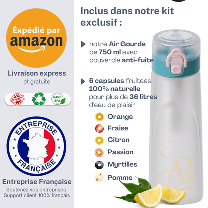 Gourde ABBISENSE AIR 750ml – Bouteille Tritan sans BPA + 6 dosettes saveur fruitée – Eau sans sucre
