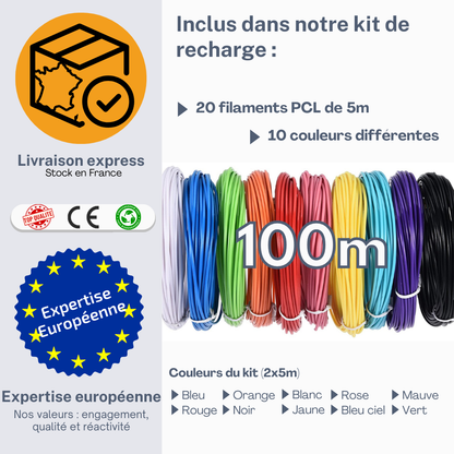 Filaments PCL Stylo 3D - Kit de 20 rouleaux de 10 couleurs