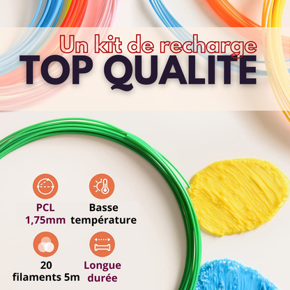 Filaments PCL Stylo 3D - Kit de 20 rouleaux de 10 couleurs