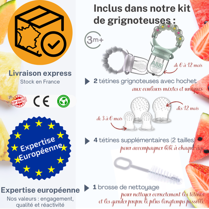Kit complet 2 grignoteuses bébé sans BPA + 6 tetines [3 tailles] + brosse nettoyage